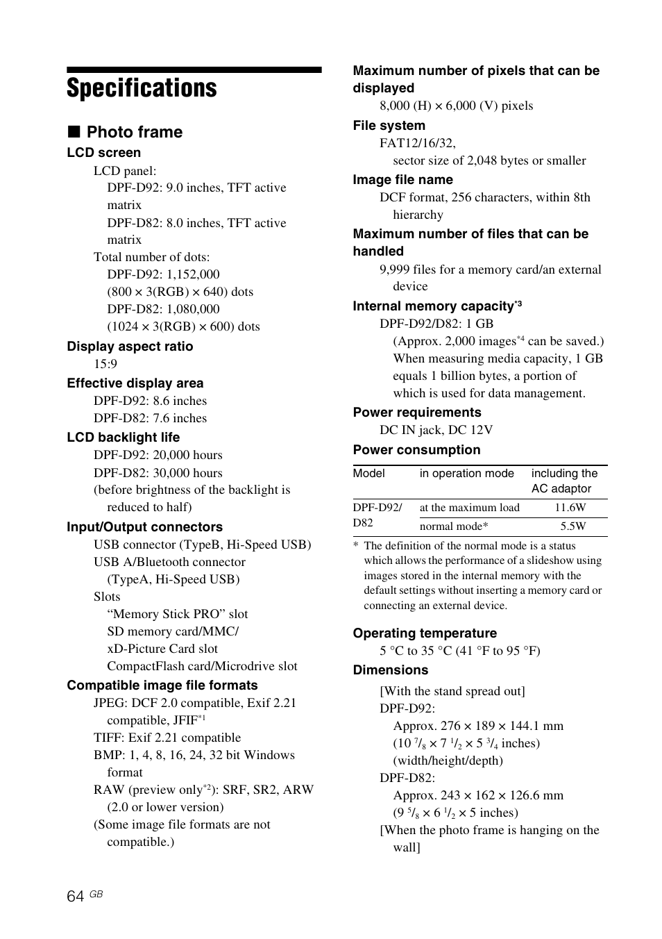 Specifications, X photo frame | Sony DPF-D92 User Manual | Page 64 / 68