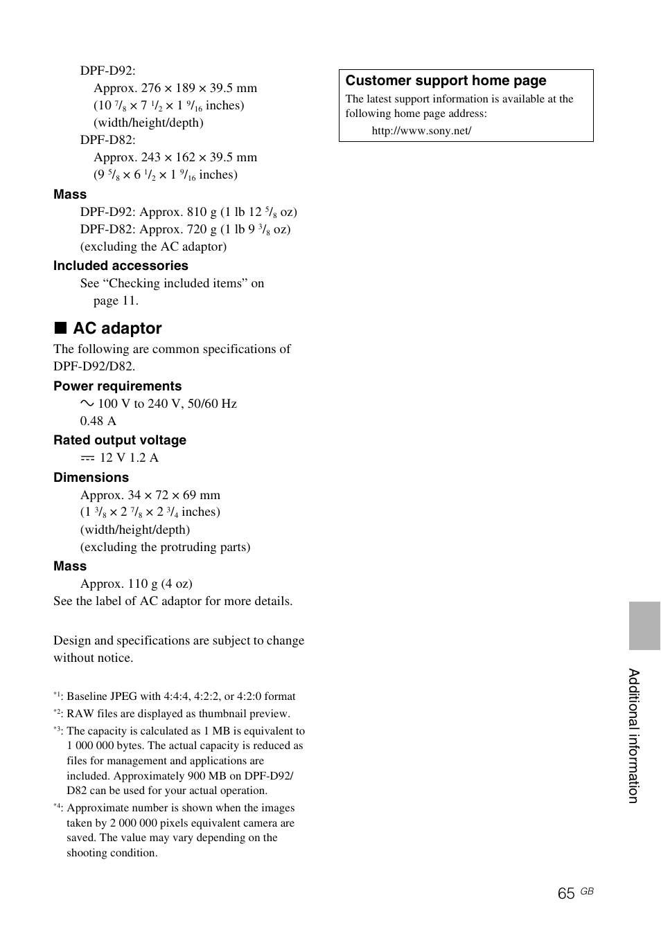 X ac adaptor, Addi tio nal in form ati o n, Customer support home page | Sony DPF-D92 User Manual | Page 65 / 68