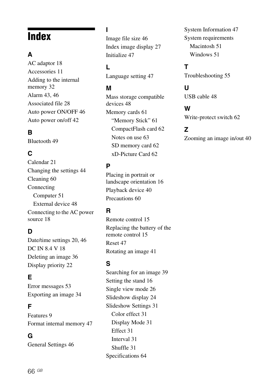 Index | Sony DPF-D92 User Manual | Page 66 / 68