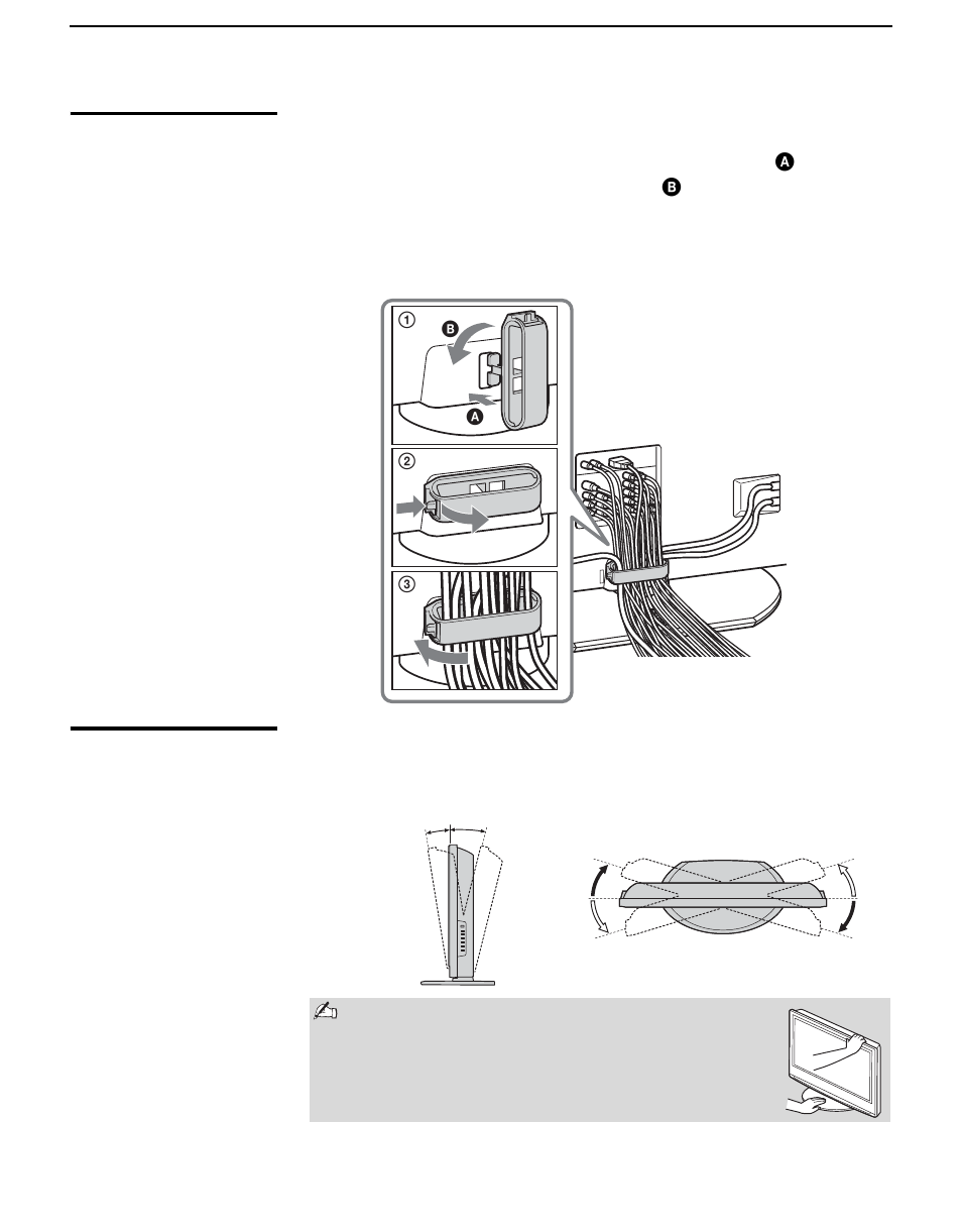 Bundling the connecting cables, Adjusting the viewing angle of the tv | Sony KDL-V40XBR1 User Manual | Page 14 / 104