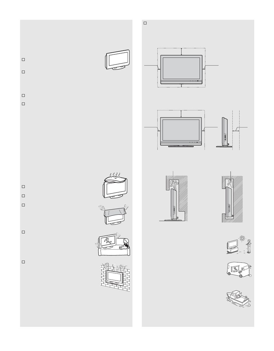 Continued), Placement for viewing, Optional accessories | Protruding location, Oils, Corrosion, Ventilation, Outdoor use, Vehicle and ceiling, Ship and vessel | Sony KDL-V40XBR1 User Manual | Page 7 / 104