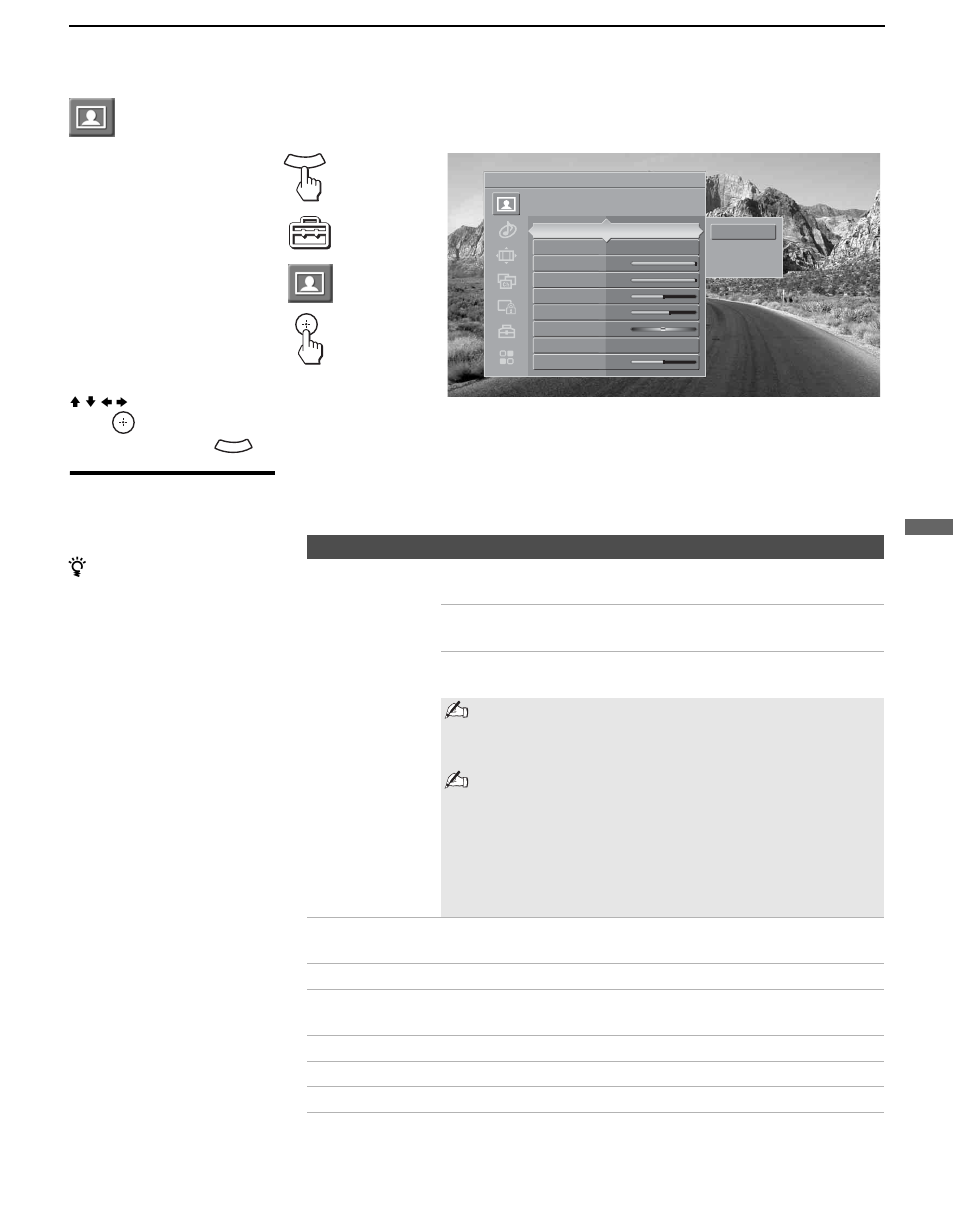 Accessing the video settings, Selecting video options, The video settings includes the following options | Press, Select, Highlight . press to select, Continued) | Sony KDL-V40XBR1 User Manual | Page 71 / 104
