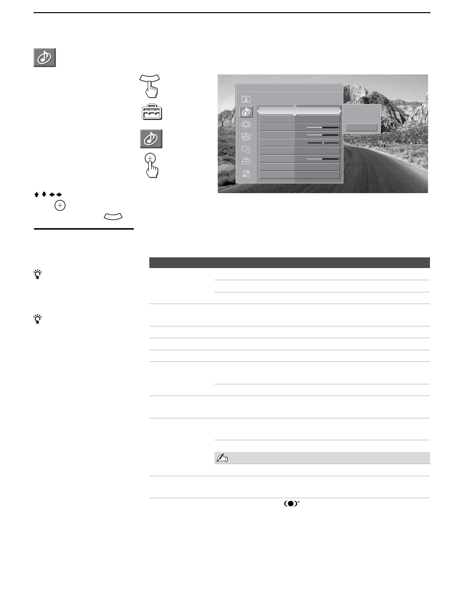 Accessing the audio settings, Selecting audio options, 74 accessing the audio settings | Sony KDL-V40XBR1 User Manual | Page 74 / 104