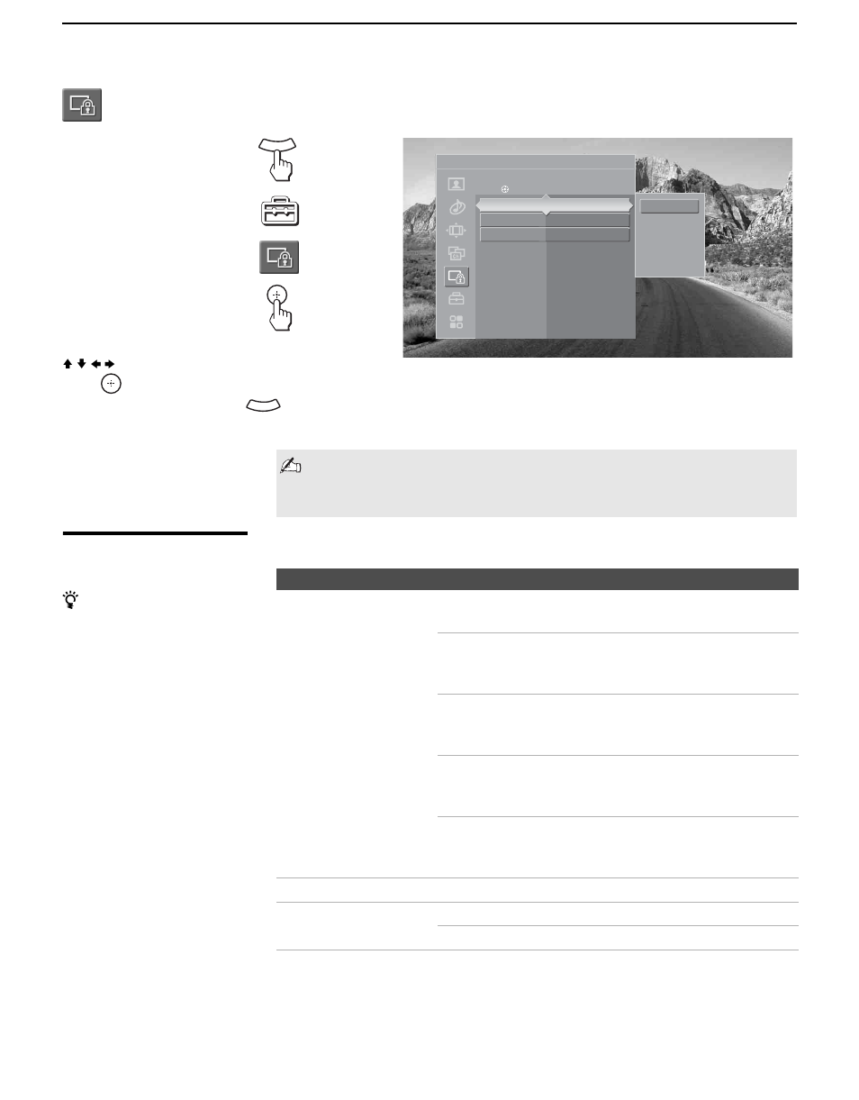 Accessing the parental lock settings, Selecting parental lock options, 82 accessing the parental lock settings | Sony KDL-V40XBR1 User Manual | Page 82 / 104