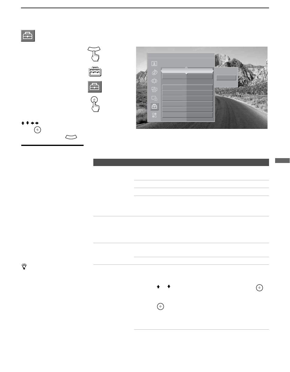 Accessing the setup settings, Selecting setup options | Sony KDL-V40XBR1 User Manual | Page 85 / 104