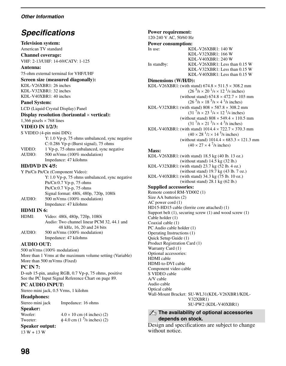 Specifications, 98 specifications | Sony KDL-V40XBR1 User Manual | Page 98 / 104