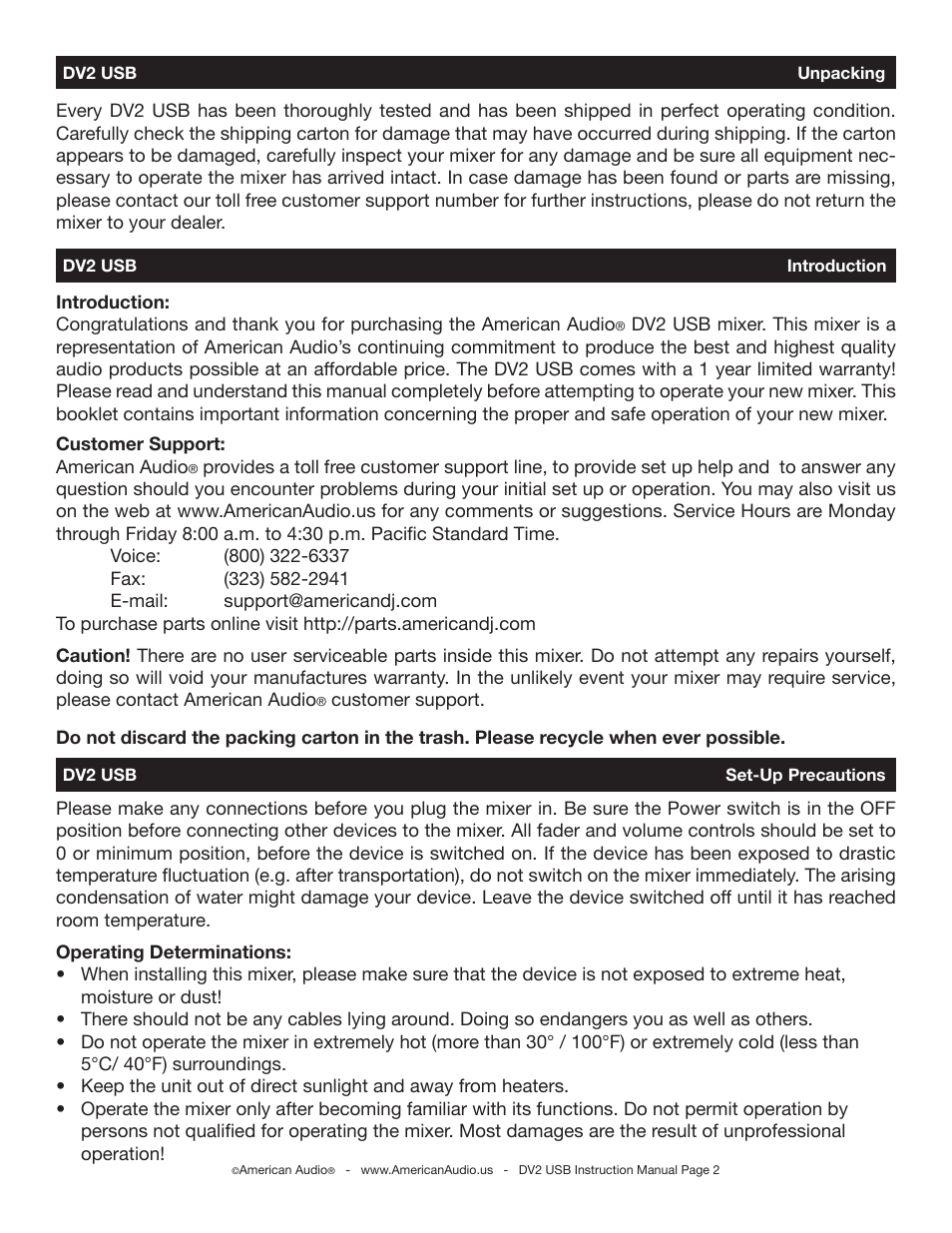 American Audio DV2 USB User Manual | Page 2 / 18