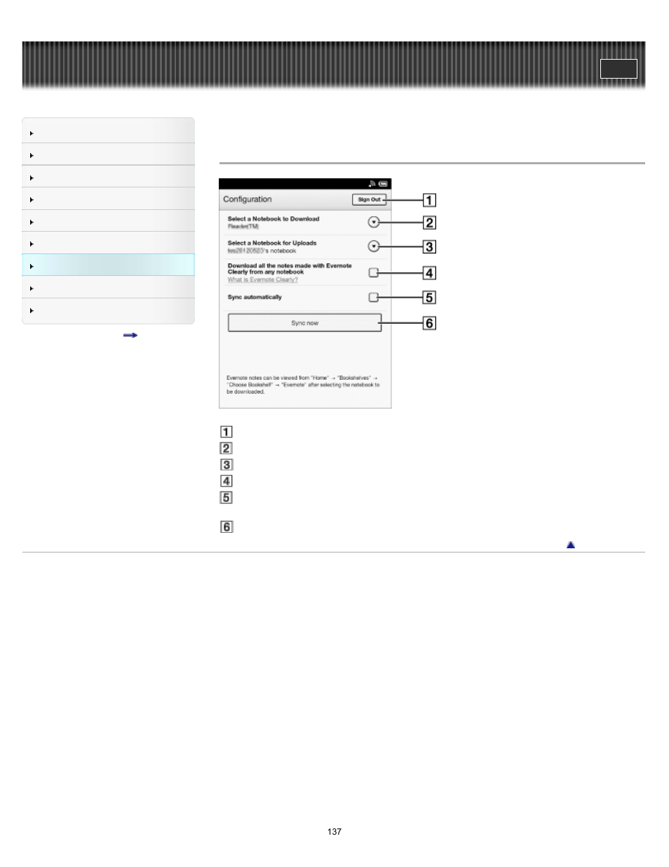 Evernote settings | Sony PRS-T2BC User Manual | Page 137 / 175