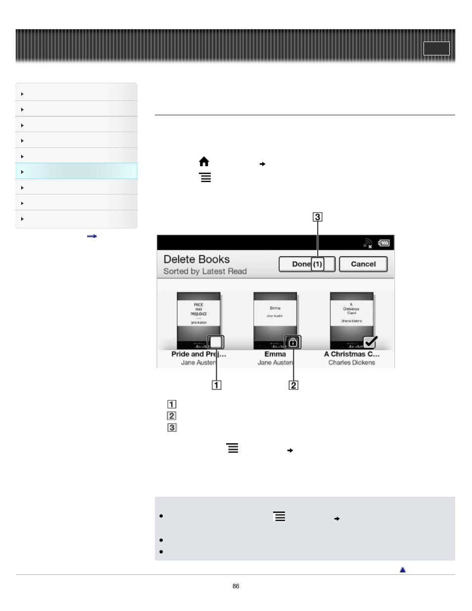 Deleting multiple items at once, Details | Sony PRS-T2BC User Manual | Page 86 / 175