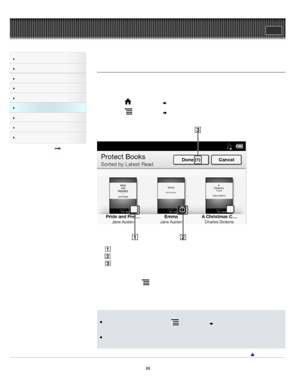 Protecting multiple items at once, Details | Sony PRS-T2BC User Manual | Page 89 / 175