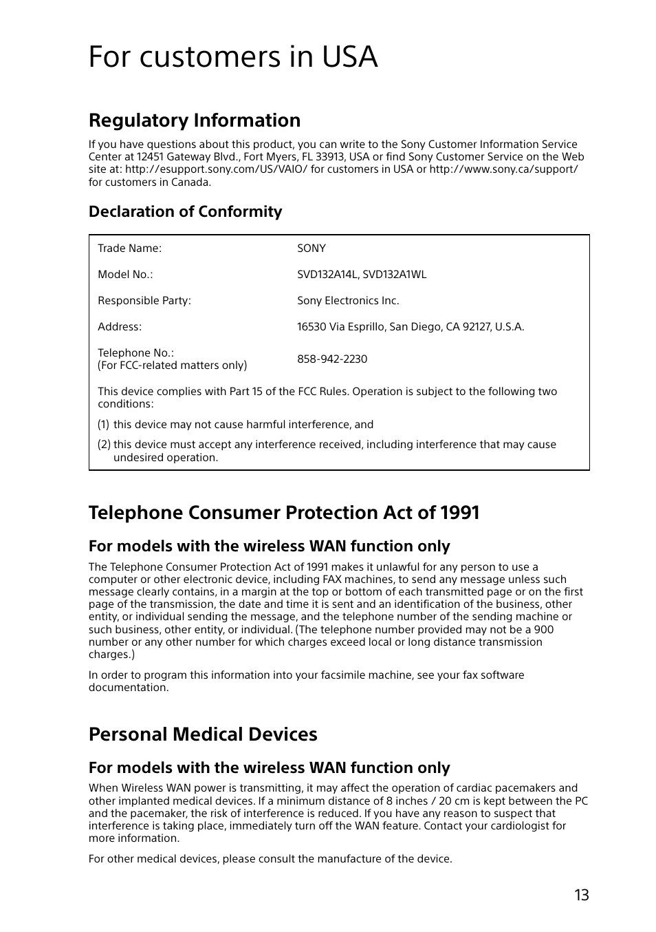 For customers in usa, Regulatory information, Telephone consumer protection act of 1991 | Personal medical devices, Declaration of conformity, For models with the wireless wan function only | Sony SVD13215PXW User Manual | Page 13 / 28