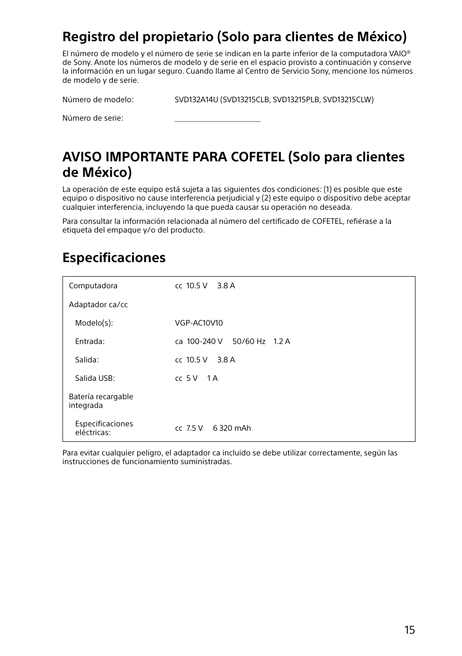 Especificaciones | Sony SVD13215PXW User Manual | Page 15 / 28