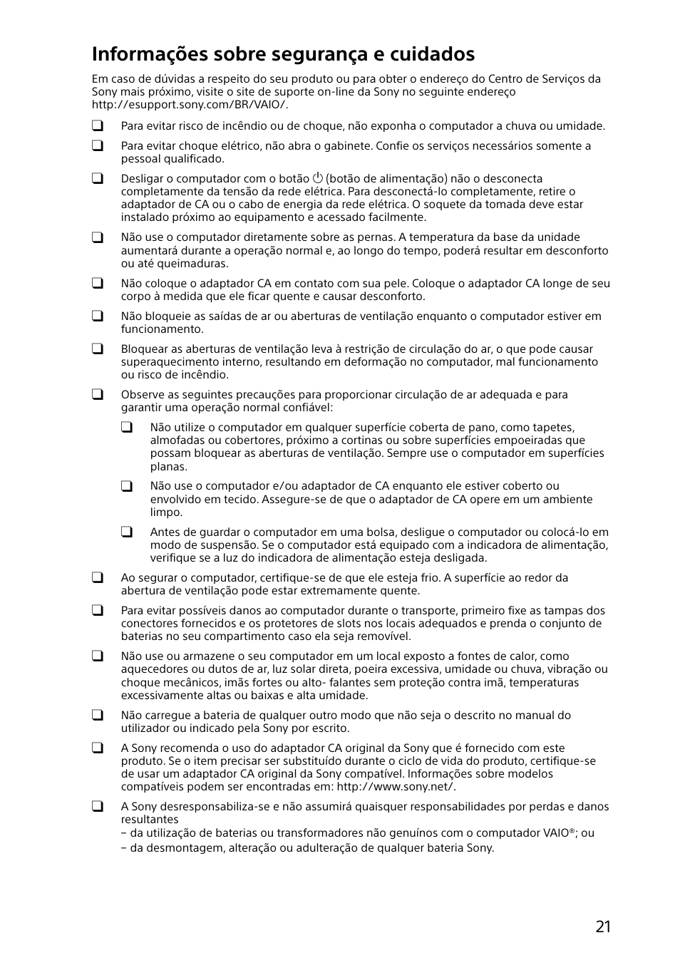 Informações sobre segurança e cuidados | Sony SVD13215PXW User Manual | Page 21 / 28