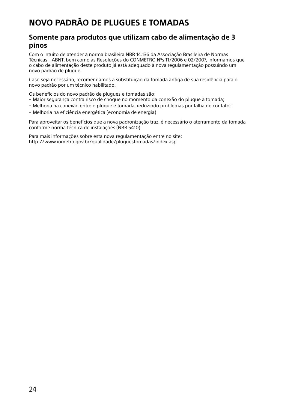 Novo padrão de plugues e tomadas | Sony SVD13215PXW User Manual | Page 24 / 28