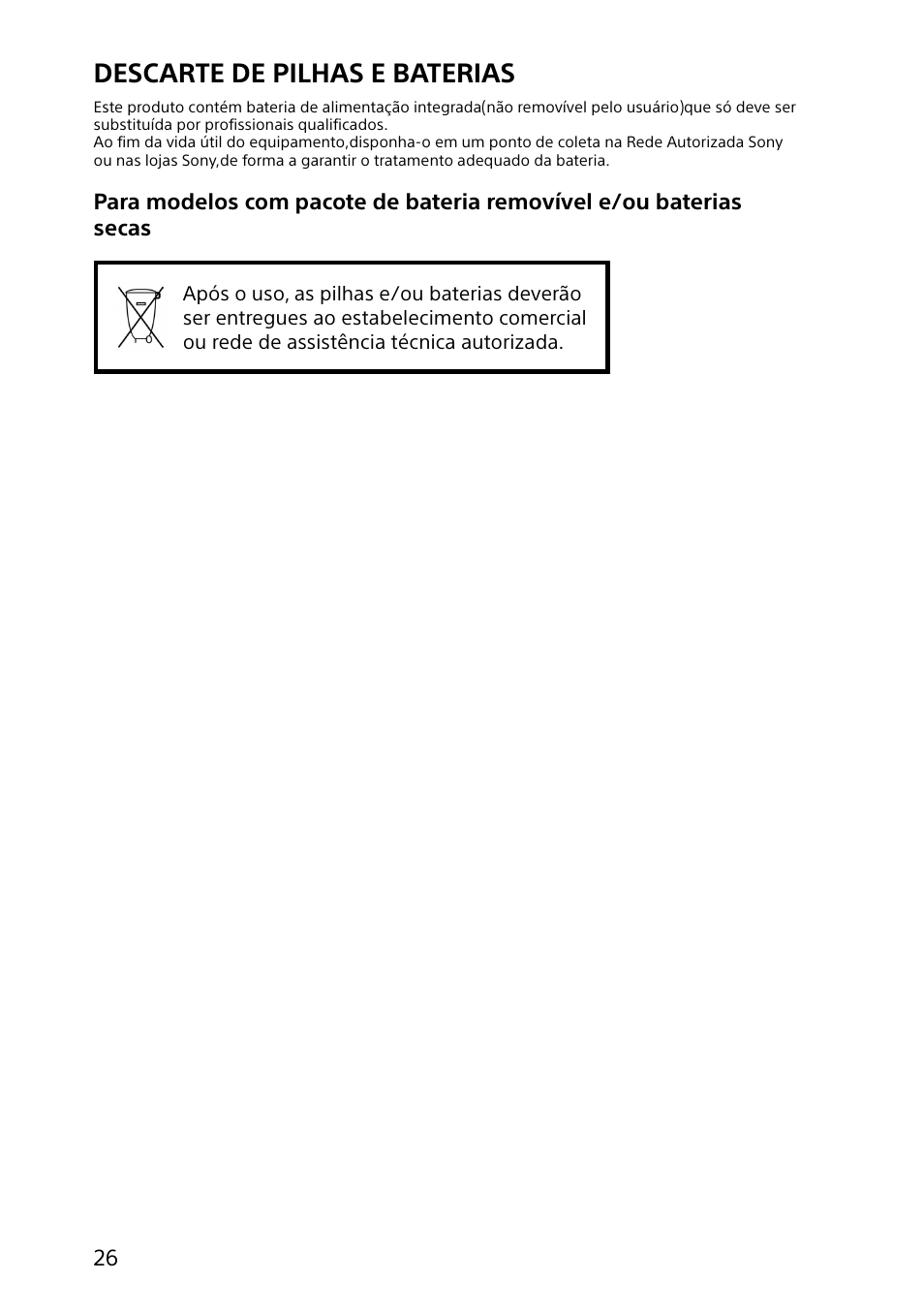 Descarte de pilhas e baterias | Sony SVD13215PXW User Manual | Page 26 / 28