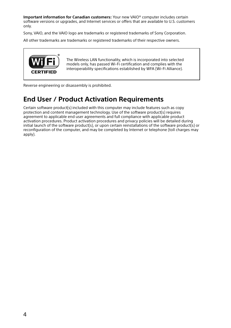 End user / product activation requirements | Sony SVD13215PXW User Manual | Page 4 / 28