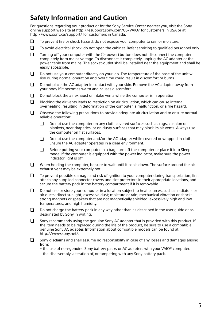 Safety information and caution | Sony SVD13215PXW User Manual | Page 5 / 28