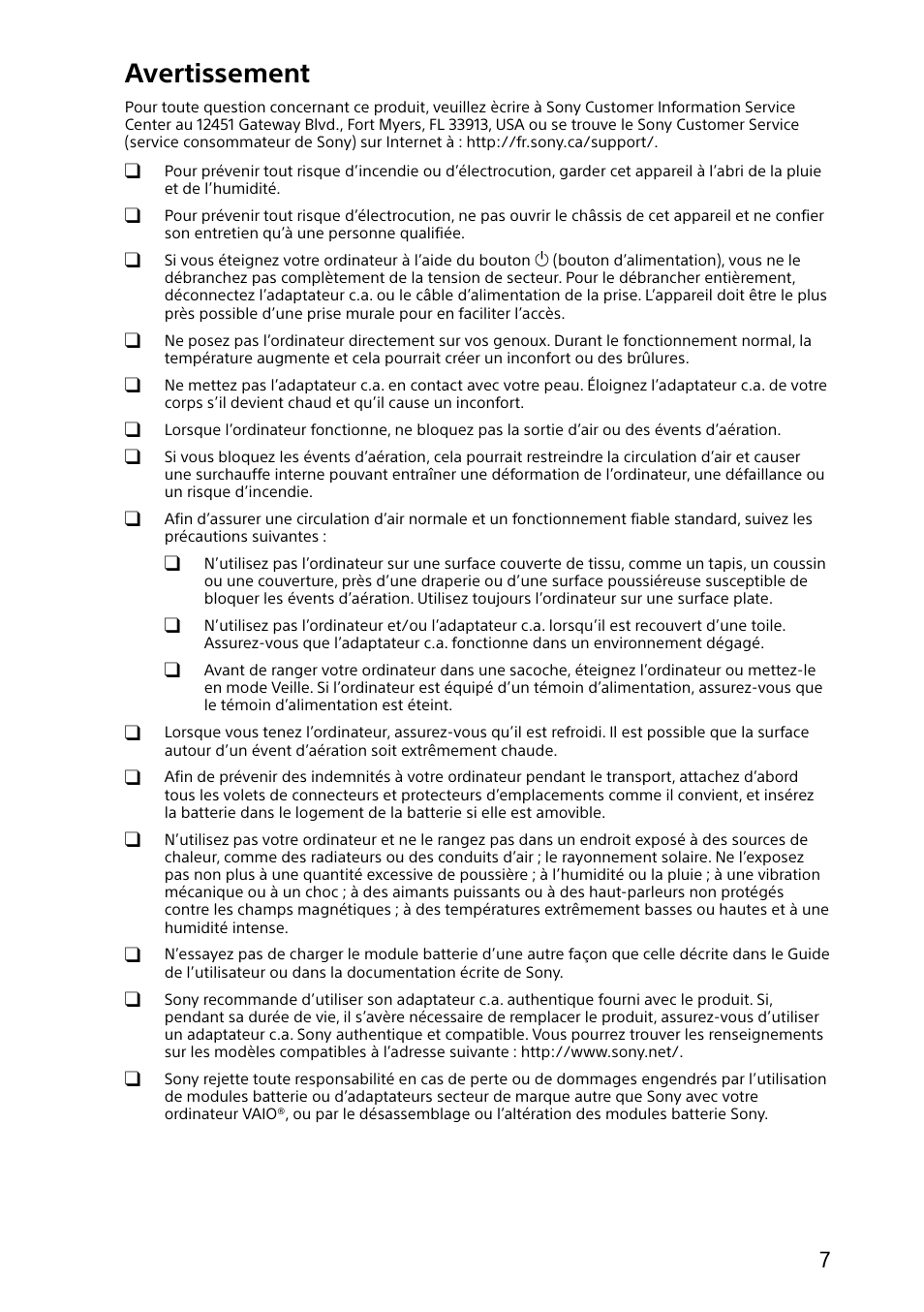 Avertissement | Sony SVD13215PXW User Manual | Page 7 / 28