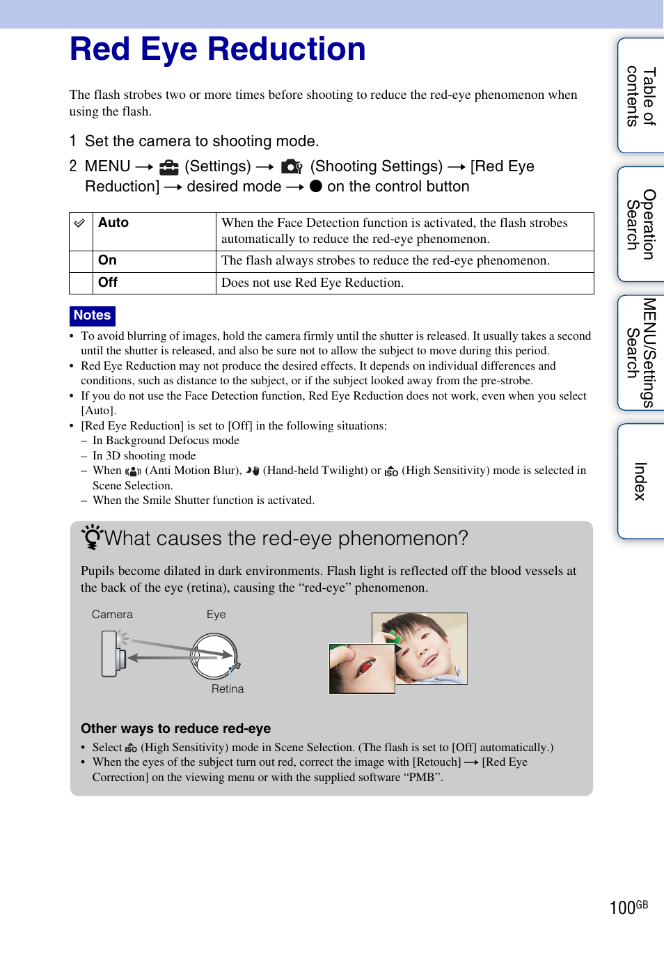 Red eye reduction, What causes the red-eye phenomenon | Sony DSC-WX5 User Manual | Page 100 / 171
