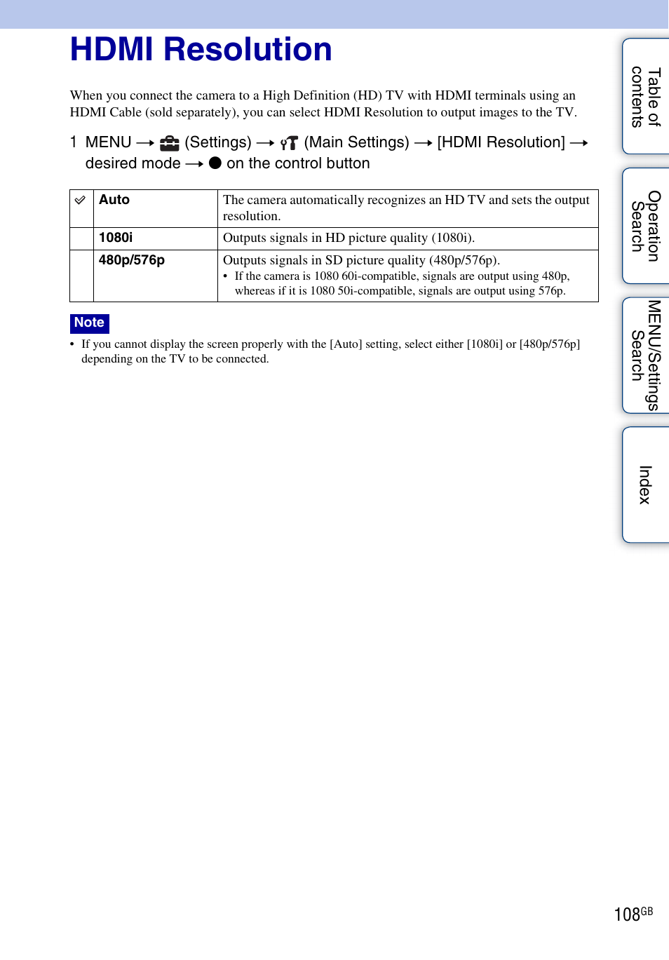 Hdmi resolution | Sony DSC-WX5 User Manual | Page 108 / 171