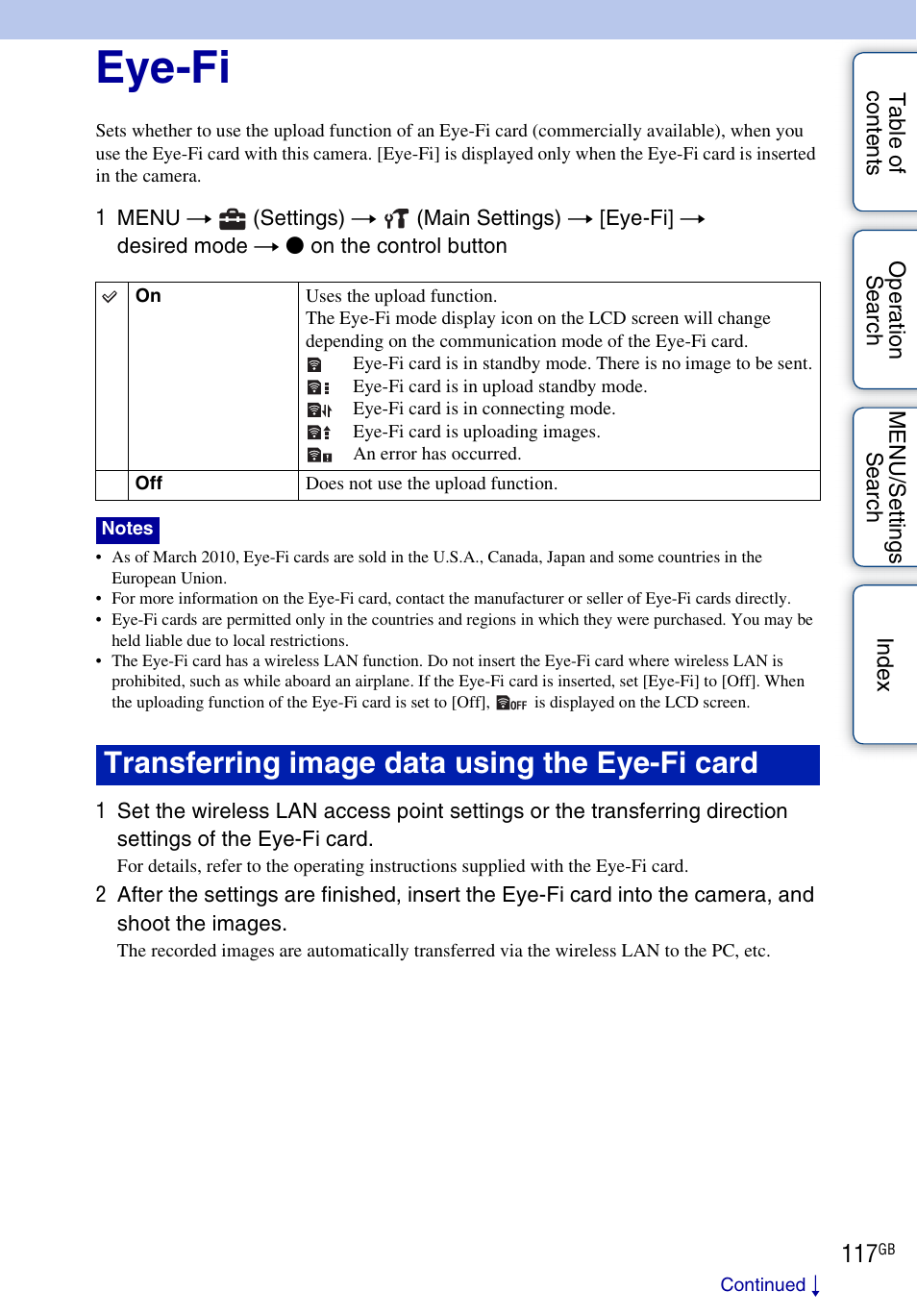 Eye-fi, Transferring image data using the eye-fi card | Sony DSC-WX5 User Manual | Page 117 / 171