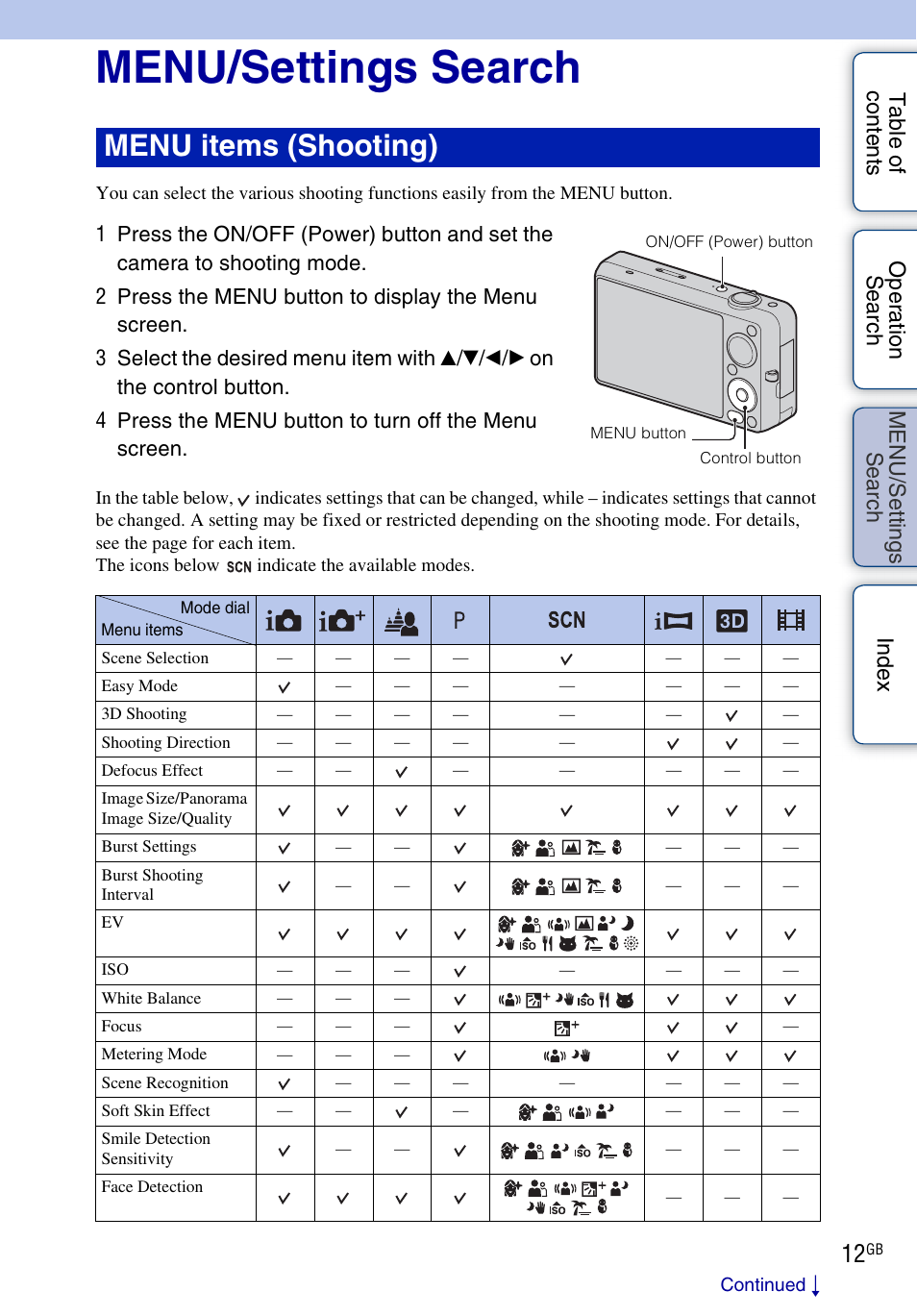 Menu/settings search, Se ar, Ttin | Menu items (shooting) | Sony DSC-WX5 User Manual | Page 12 / 171