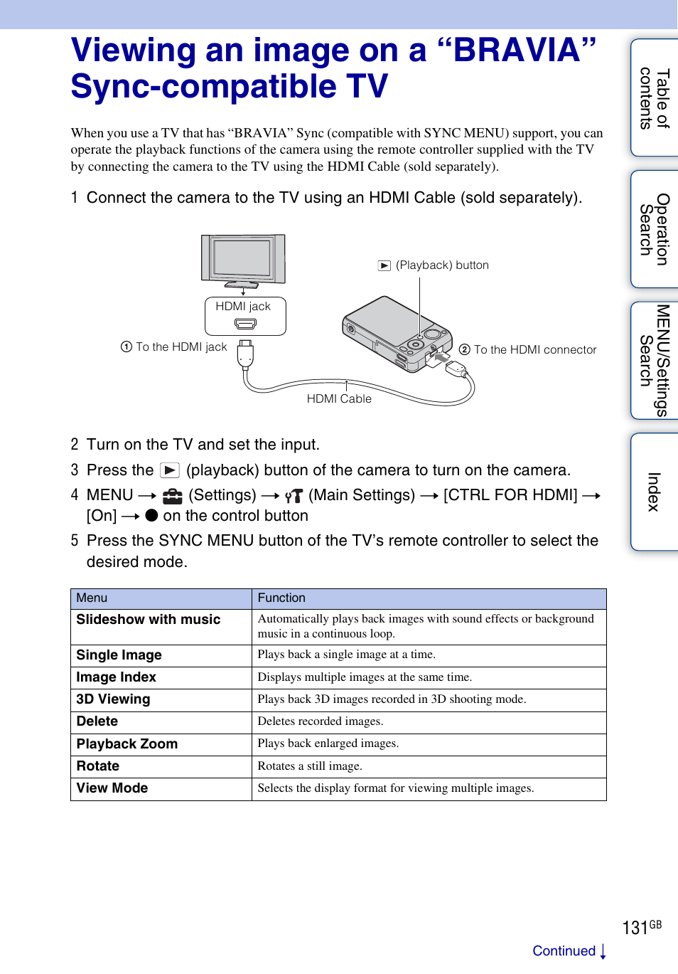 Viewing an image on a “bravia” sync-compatible tv | Sony DSC-WX5 User Manual | Page 131 / 171