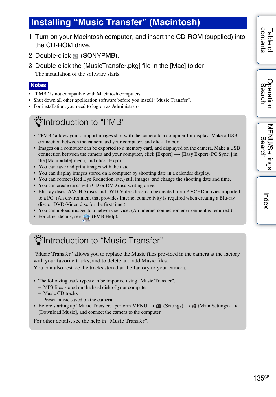 Installing “music transfer” (macintosh), Introduction to “pmb, Introduction to “music transfer | Sony DSC-WX5 User Manual | Page 135 / 171