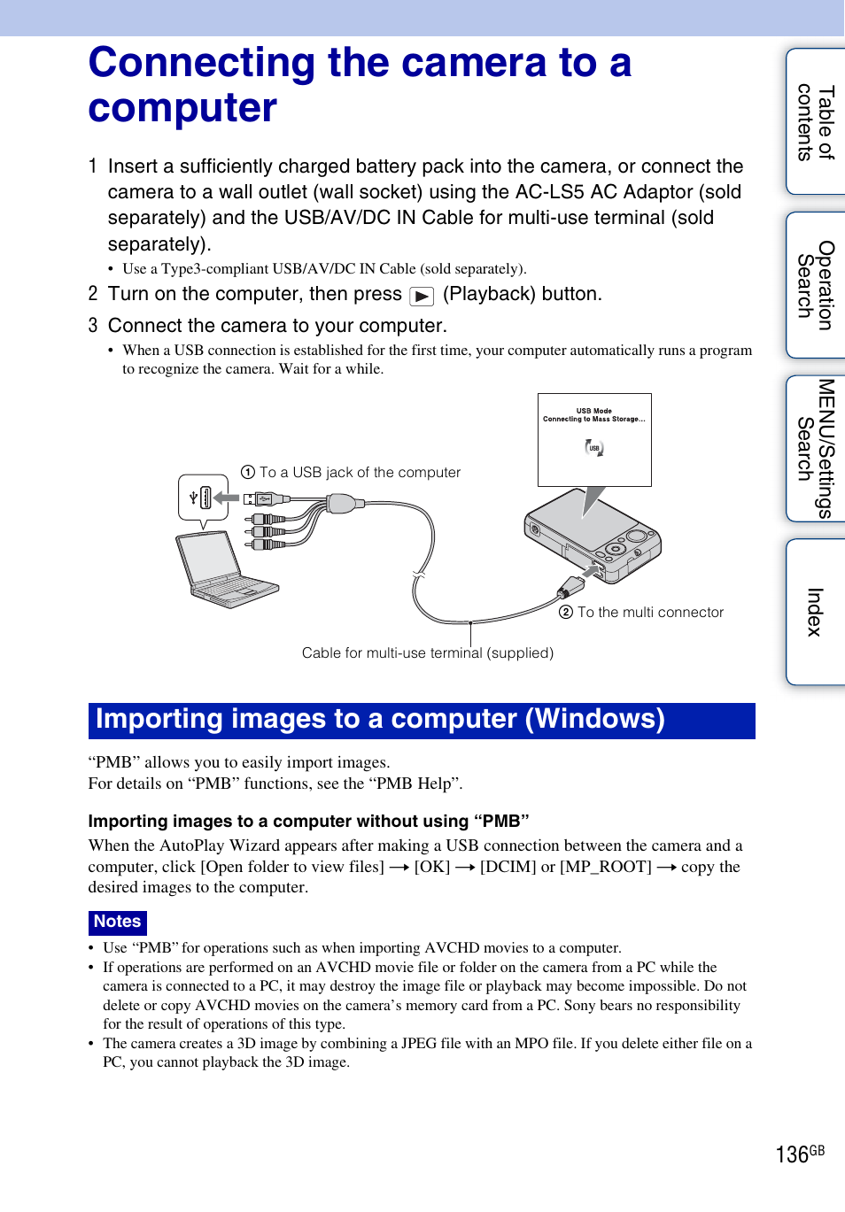 Connecting the camera to a computer, 136 wit, Importing images to a computer (windows) | Sony DSC-WX5 User Manual | Page 136 / 171