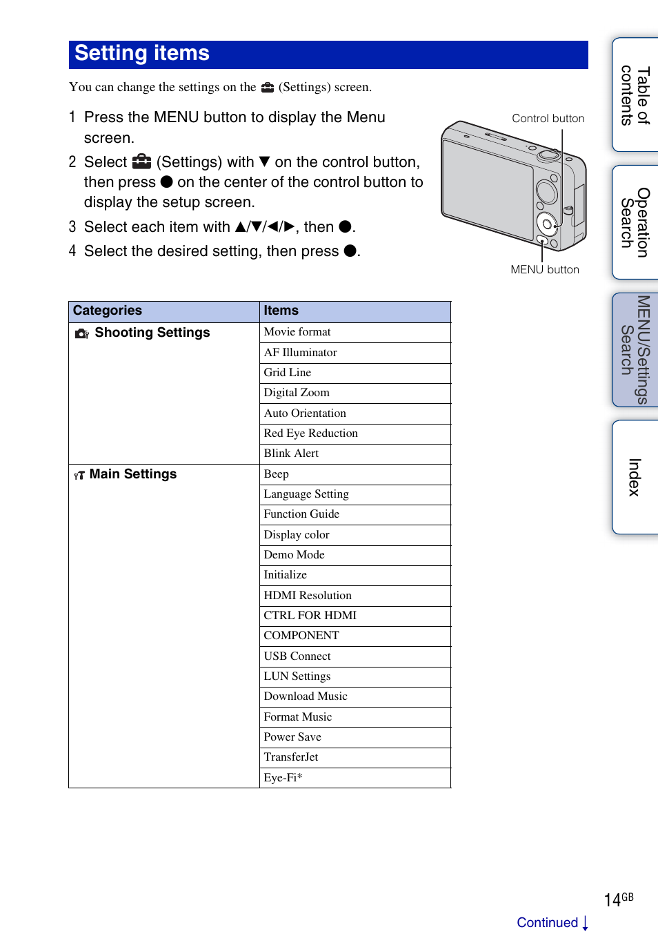 Setting items | Sony DSC-WX5 User Manual | Page 14 / 171