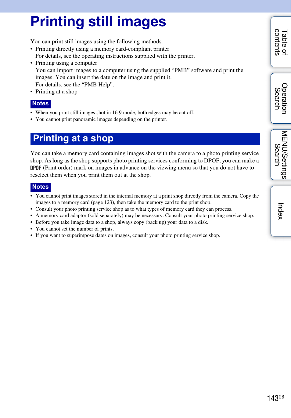 Printing still images, Printing at a shop | Sony DSC-WX5 User Manual | Page 143 / 171