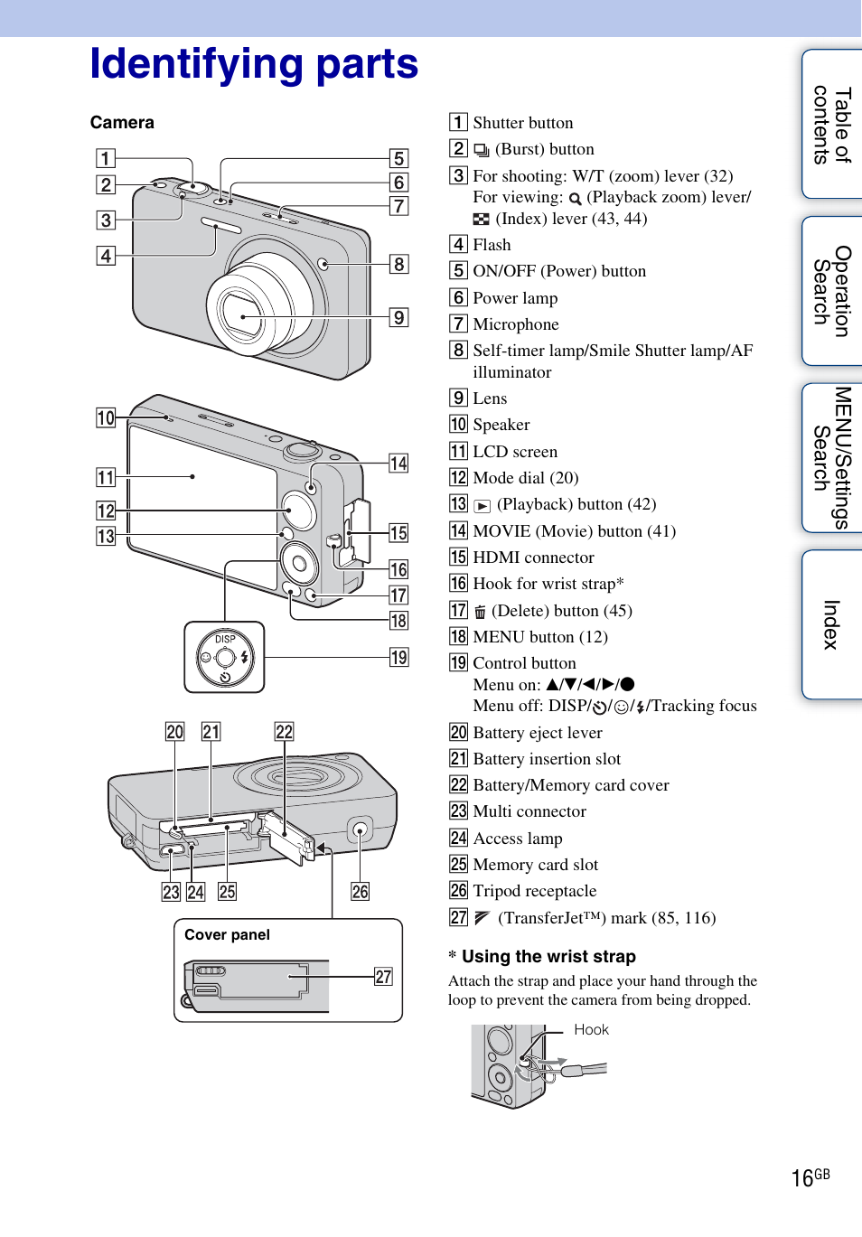 Identifying parts | Sony DSC-WX5 User Manual | Page 16 / 171