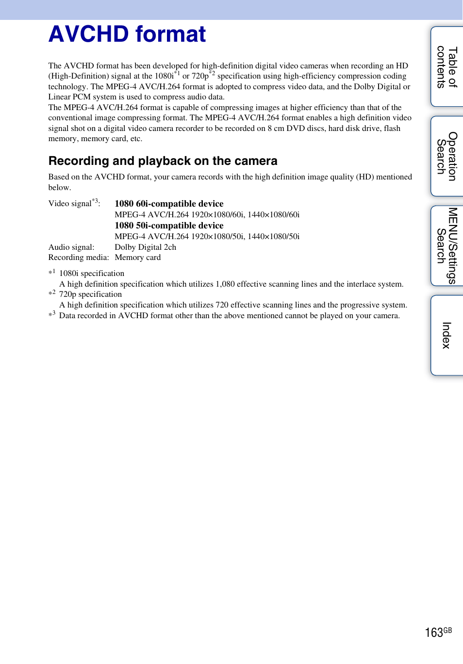 Avchd format, Recording and playback on the camera | Sony DSC-WX5 User Manual | Page 163 / 171