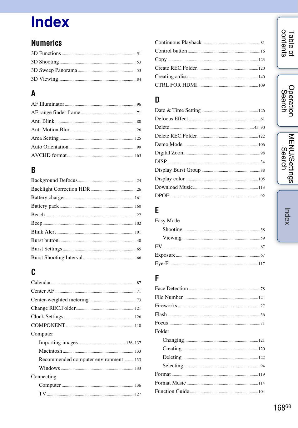 Index, De x, Numerics | Sony DSC-WX5 User Manual | Page 168 / 171