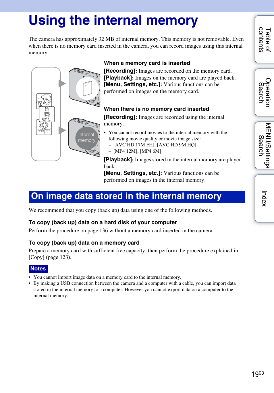 Using the internal memory | Sony DSC-WX5 User Manual | Page 19 / 171