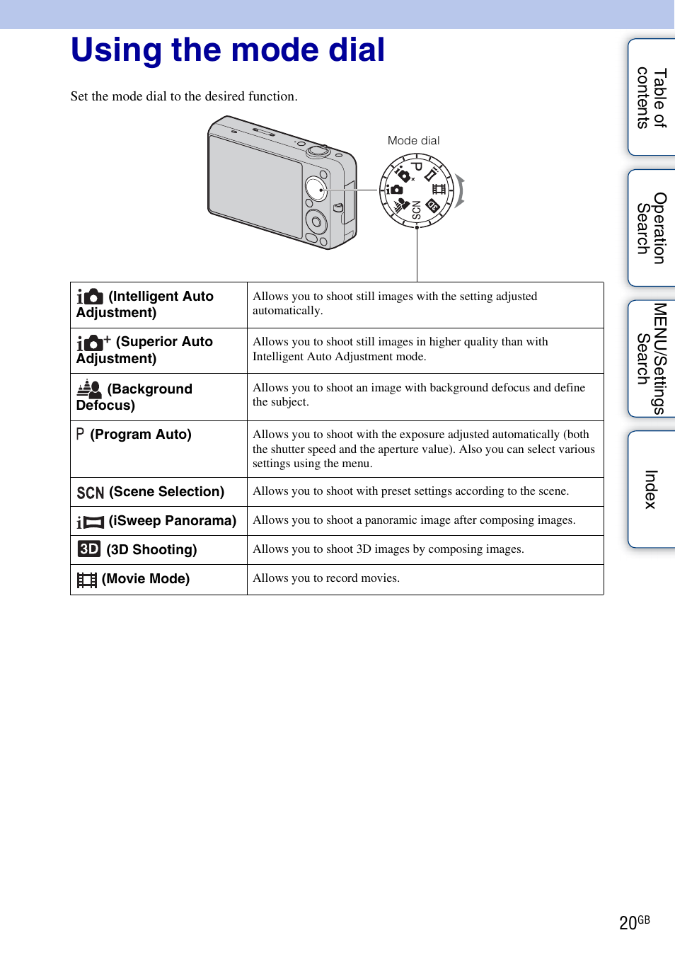 Using the mode dial | Sony DSC-WX5 User Manual | Page 20 / 171