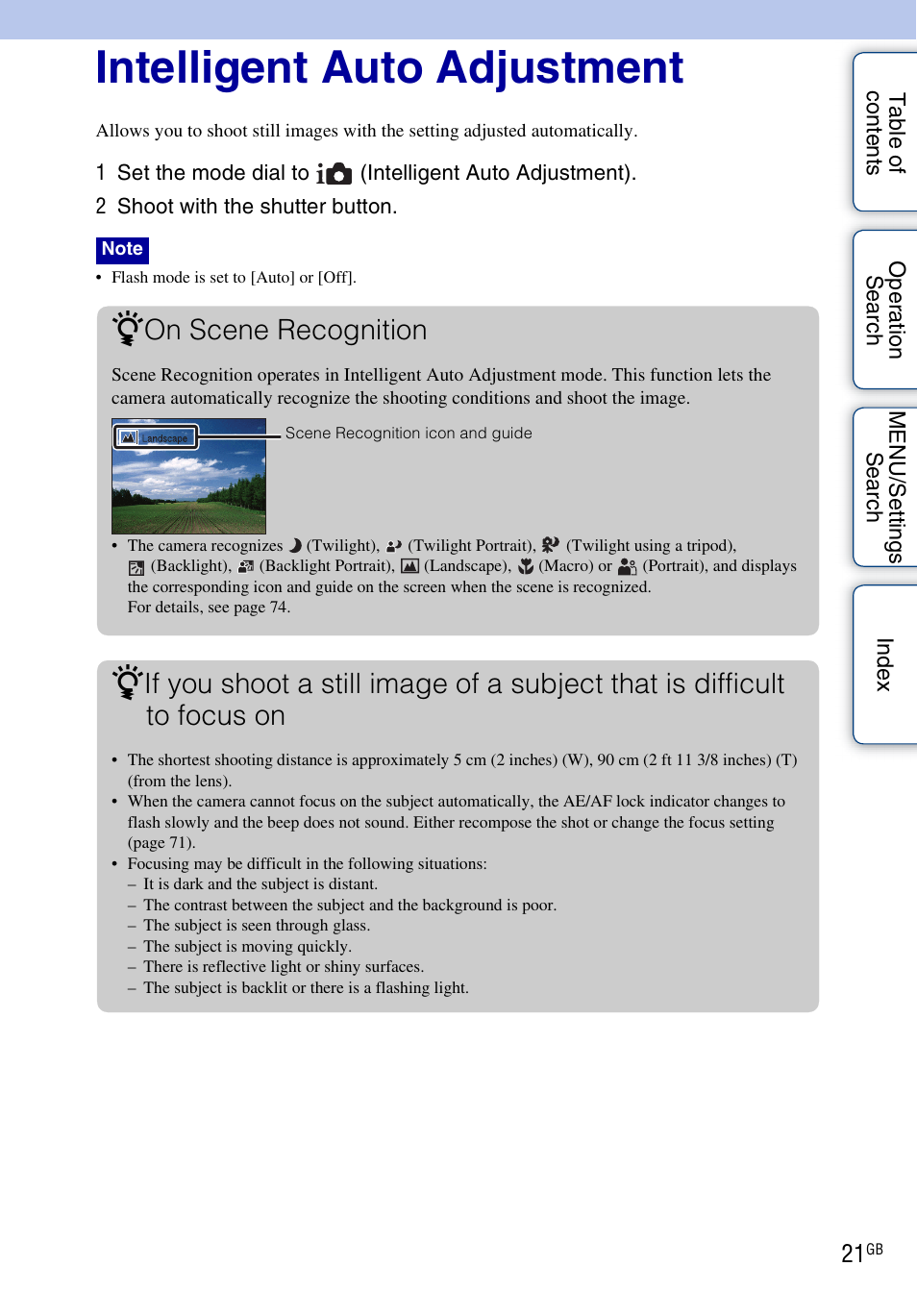 Intelligent auto adjustment, On scene recognition | Sony DSC-WX5 User Manual | Page 21 / 171