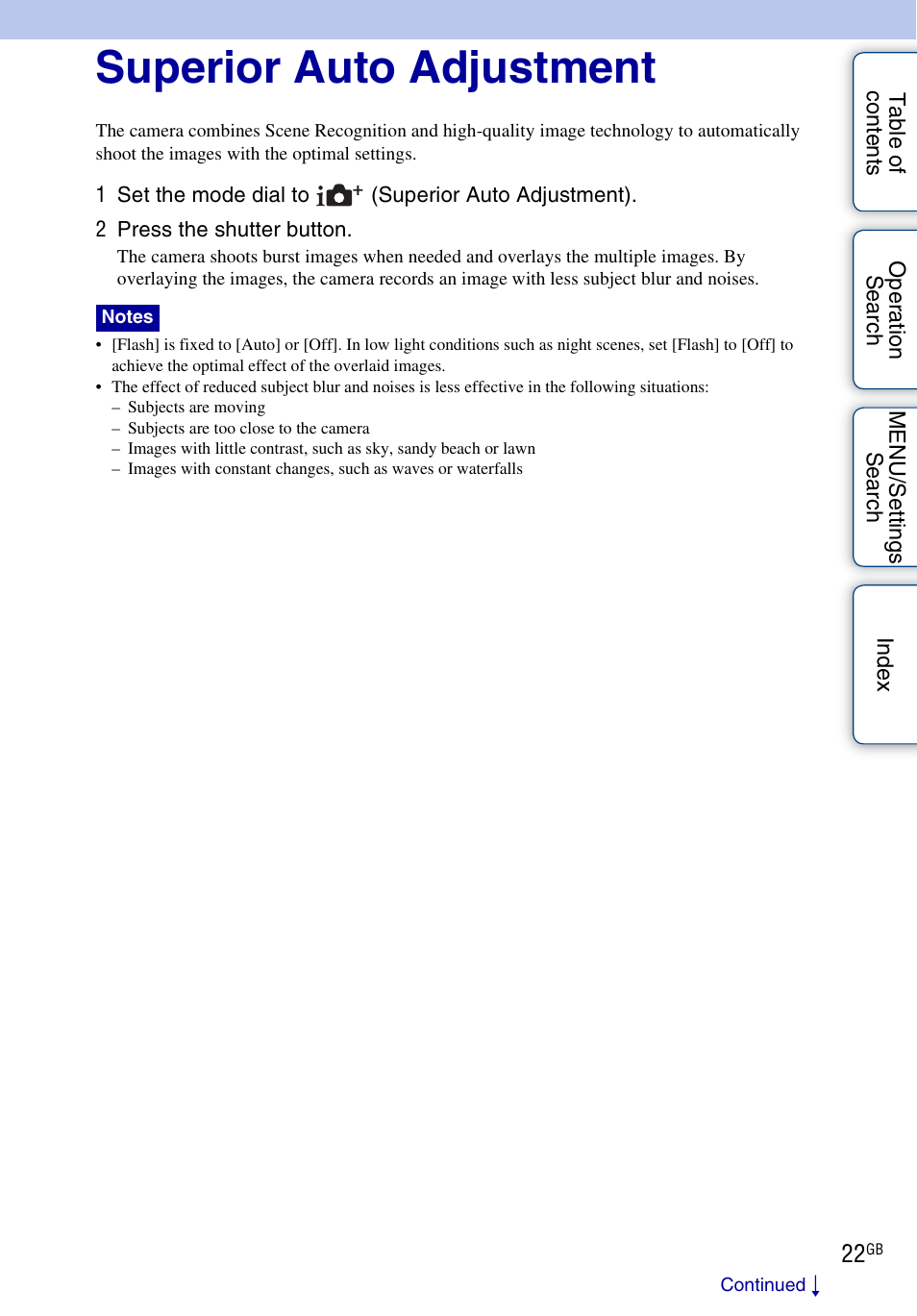 Superior auto adjustment | Sony DSC-WX5 User Manual | Page 22 / 171