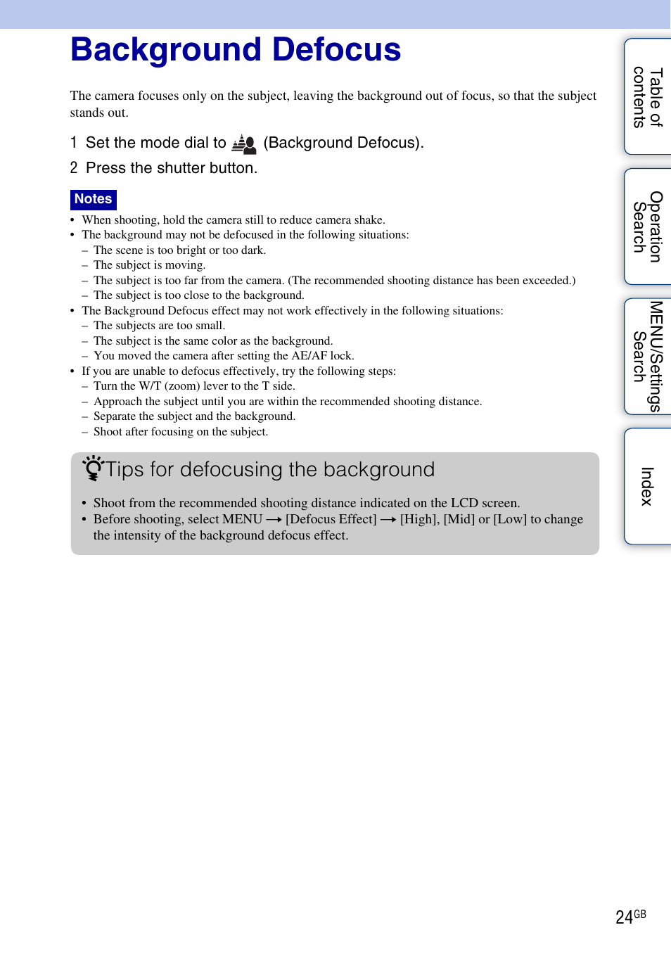Background defocus, Tips for defocusing the background | Sony DSC-WX5 User Manual | Page 24 / 171