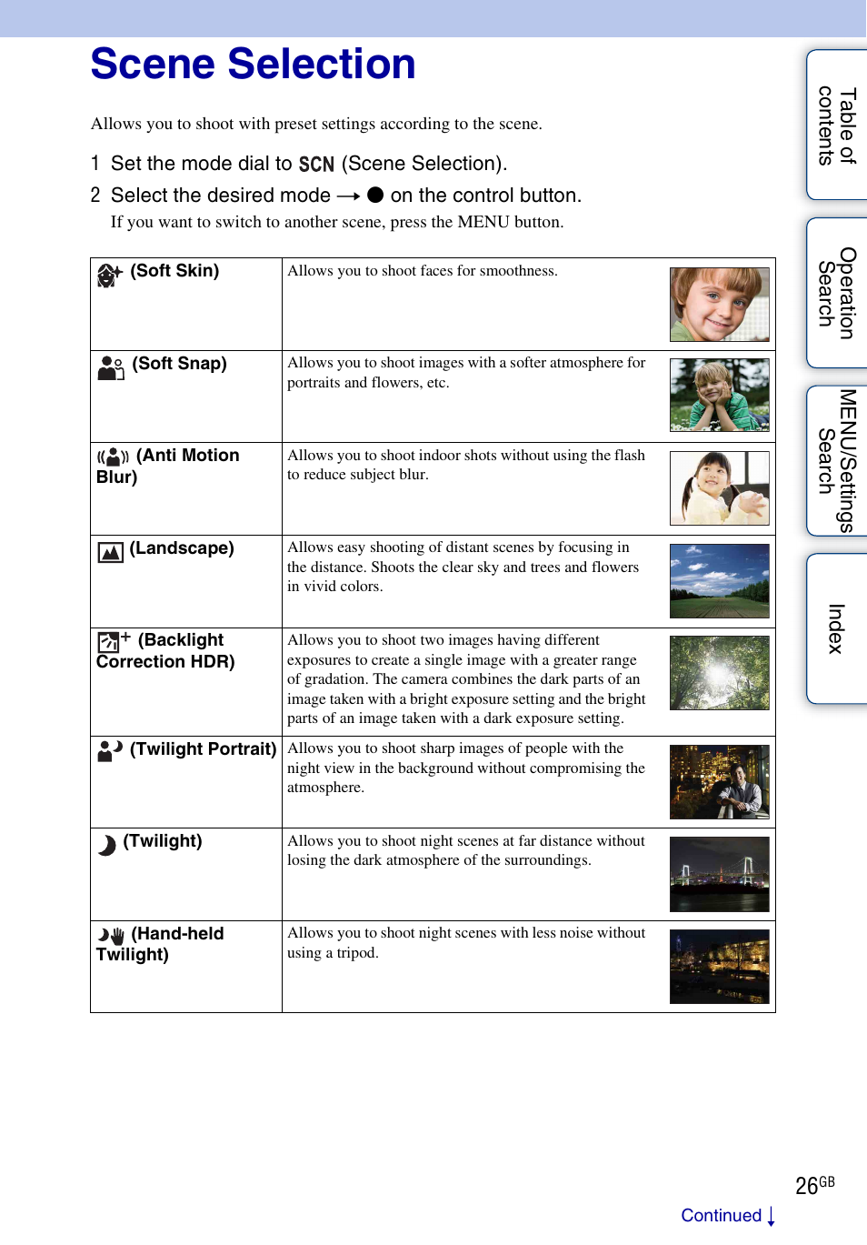 Scene selection | Sony DSC-WX5 User Manual | Page 26 / 171