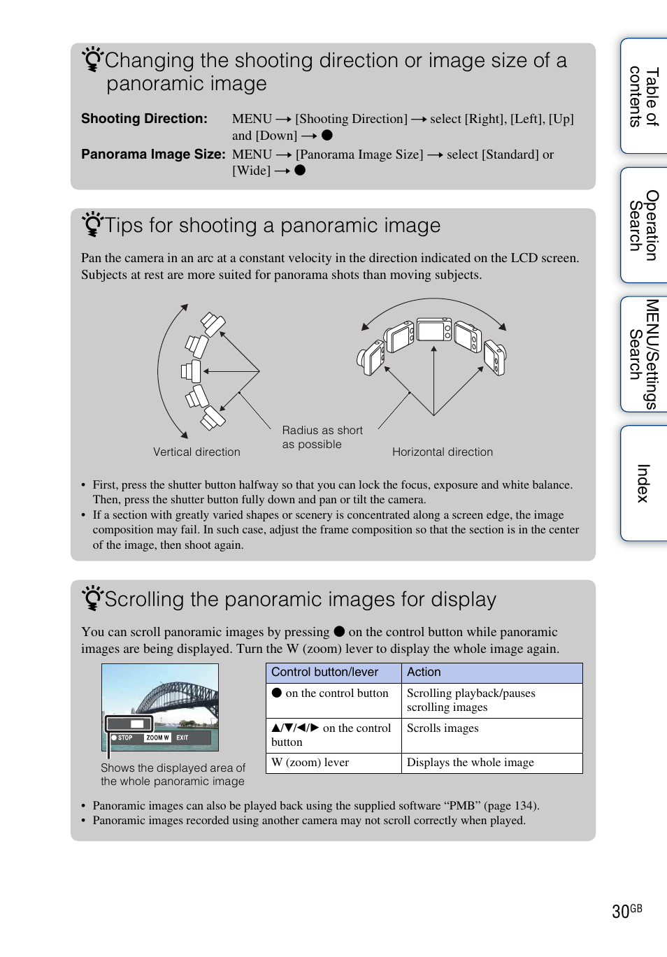 Tips for shooting a panoramic image, Scrolling the panoramic images for display | Sony DSC-WX5 User Manual | Page 30 / 171