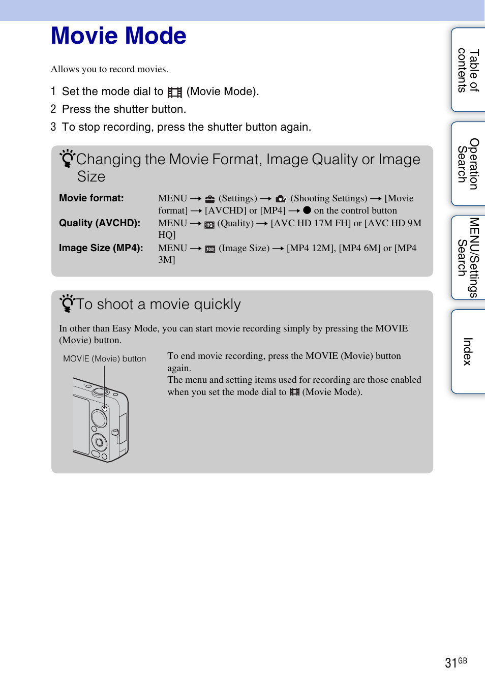Movie mode | Sony DSC-WX5 User Manual | Page 31 / 171