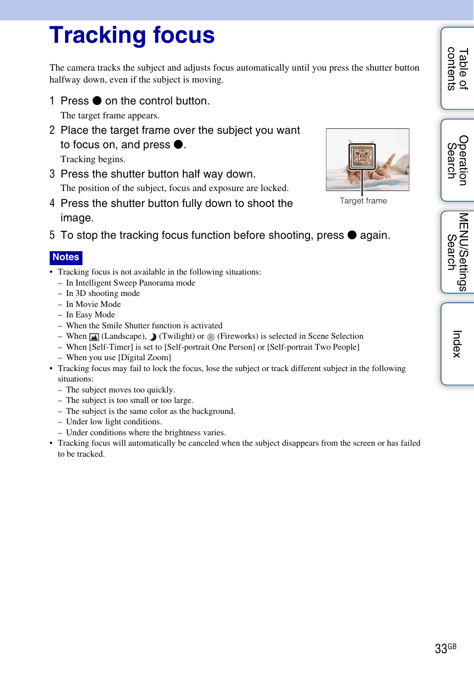 Tracking focus | Sony DSC-WX5 User Manual | Page 33 / 171