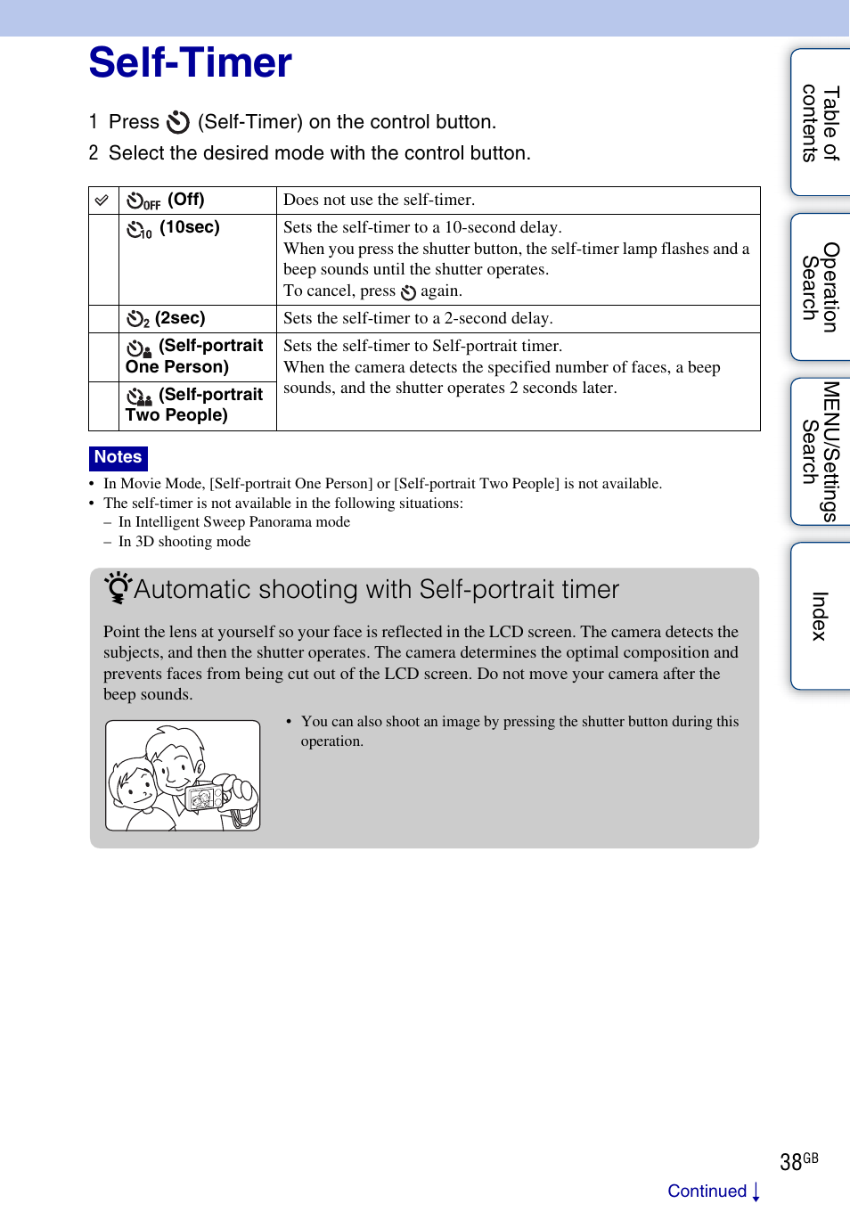 Self-timer, Automatic shooting with self-portrait timer | Sony DSC-WX5 User Manual | Page 38 / 171