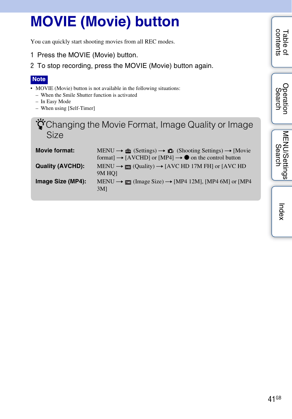 Movie (movie) button | Sony DSC-WX5 User Manual | Page 41 / 171