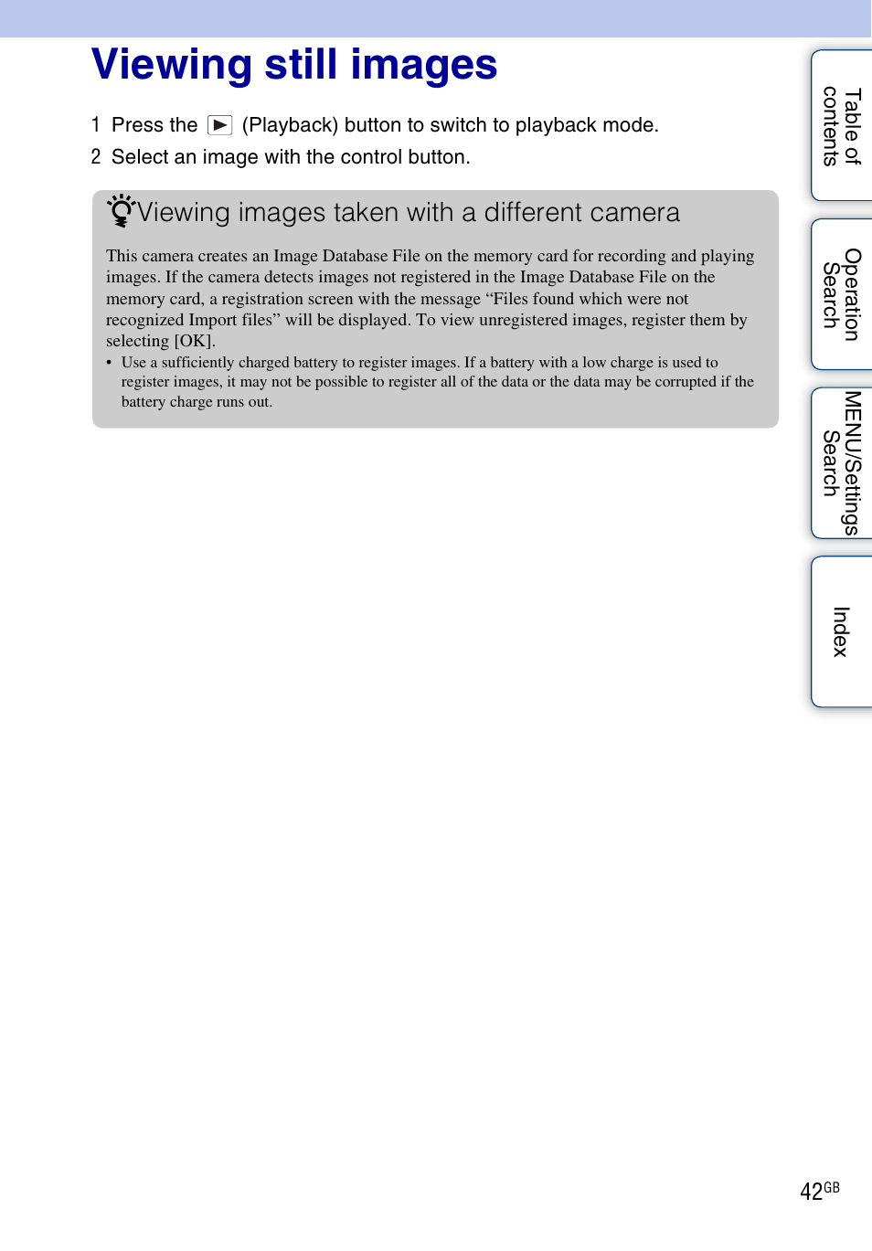 Viewing still images, Viewing images taken with a different camera | Sony DSC-WX5 User Manual | Page 42 / 171