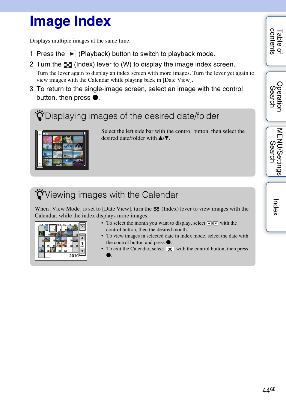 Image index, Displaying images of the desired date/folder, Viewing images with the calendar | Sony DSC-WX5 User Manual | Page 44 / 171