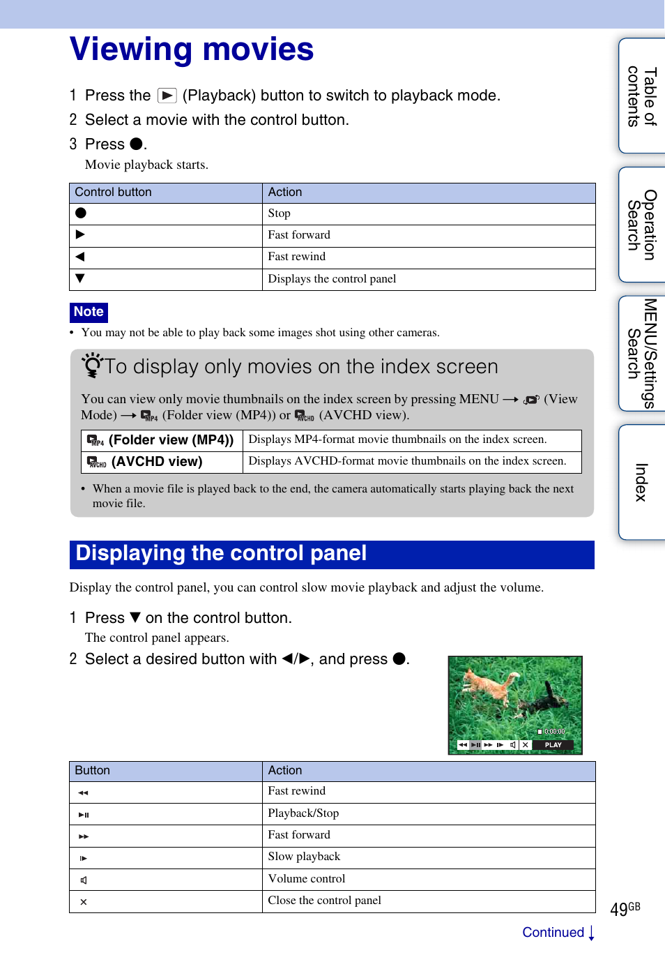 Viewing movies, Displaying the control panel | Sony DSC-WX5 User Manual | Page 49 / 171
