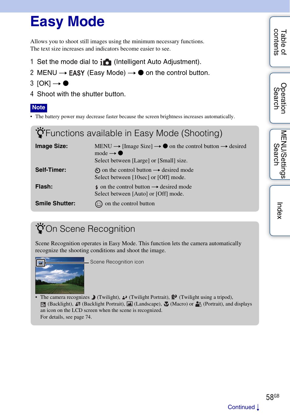 Easy mode, Functions available in easy mode (shooting), On scene recognition | Sony DSC-WX5 User Manual | Page 58 / 171