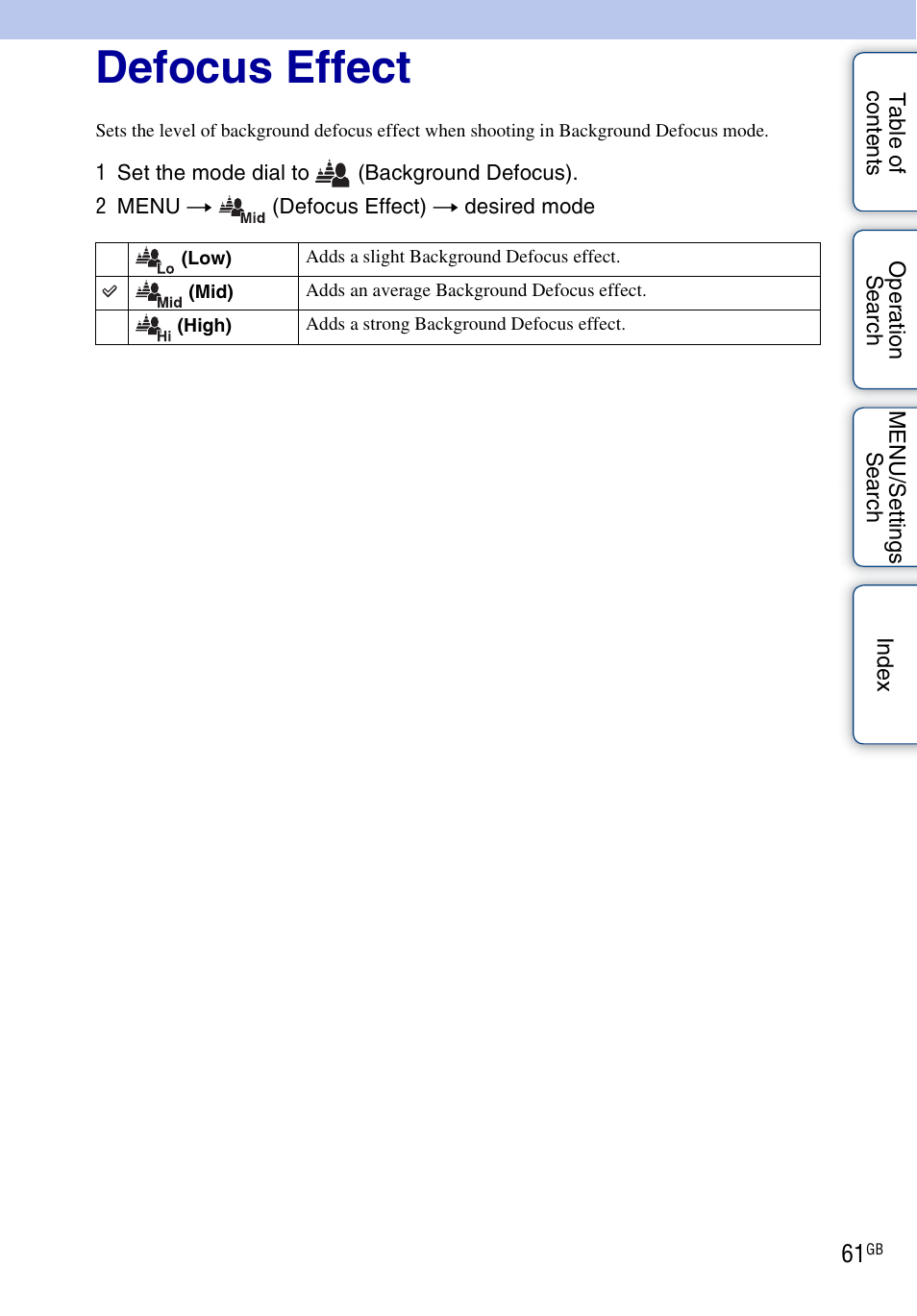 Defocus effect | Sony DSC-WX5 User Manual | Page 61 / 171